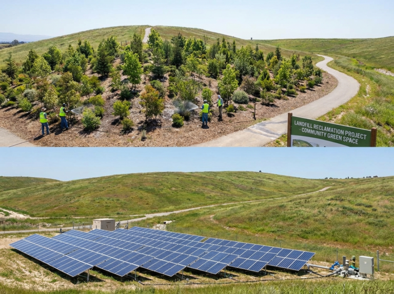 Dva obrázky: Nahoře dělníci ošetřují mladé stromky na travnatém svahu s nápisem Projekt rekultivace skládky - komunitní zeleň. Dole jsou na podobném travnatém kopci pod jasnou oblohou instalovány řady solárních panelů.