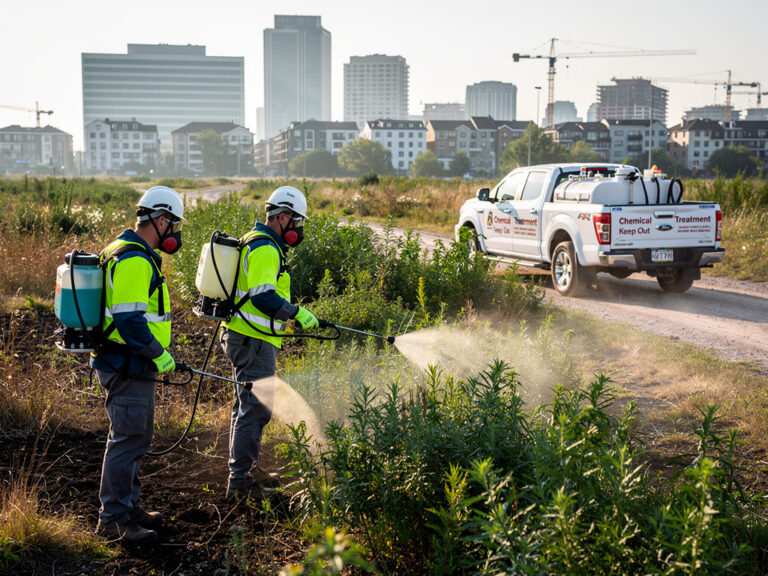 Dva pracovníci v ochranných prostředcích stříkají chemikálie na vysoký plevel u polní cesty v městské oblasti. Poblíž parkuje bílý pickup s nápisem Chemical Treatment Keep Out. V pozadí jsou vidět městské budovy a jeřáby.