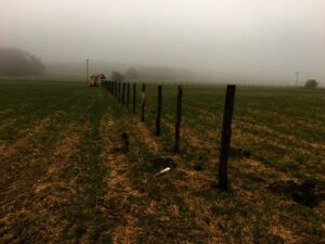 Na travnatém mlhavém poli stojí řada dřevěných plotových sloupků, v pozadí je pod zataženou oblohou vidět zemědělská technika a slabé stromy.
